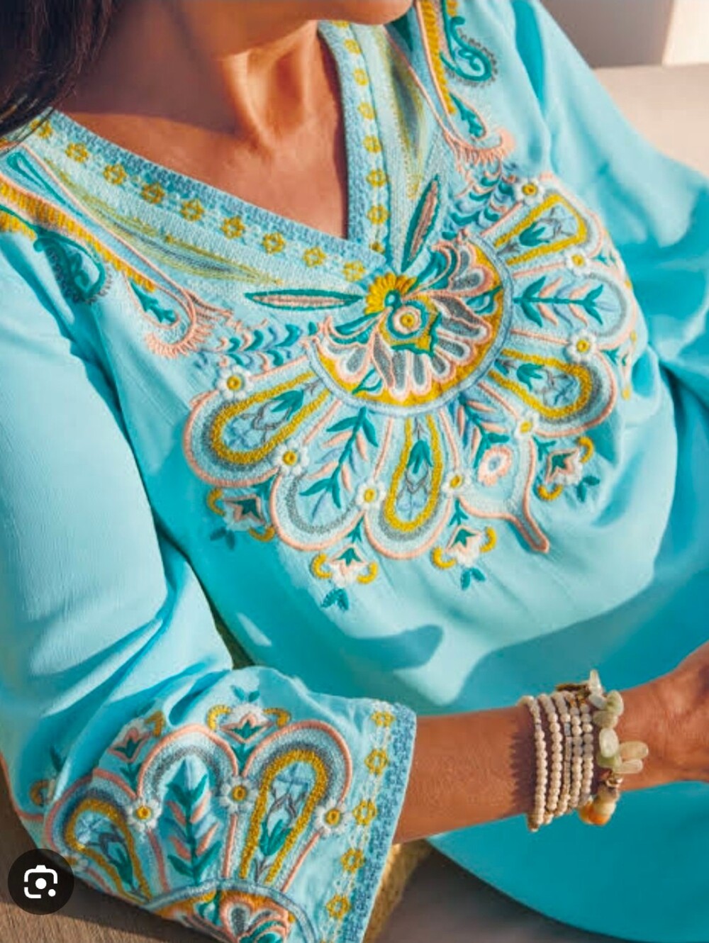 Soft Surroundings Light Blue Embroidered Tunic Top Petite Large Coastal Grandma - Picture 4 of 8